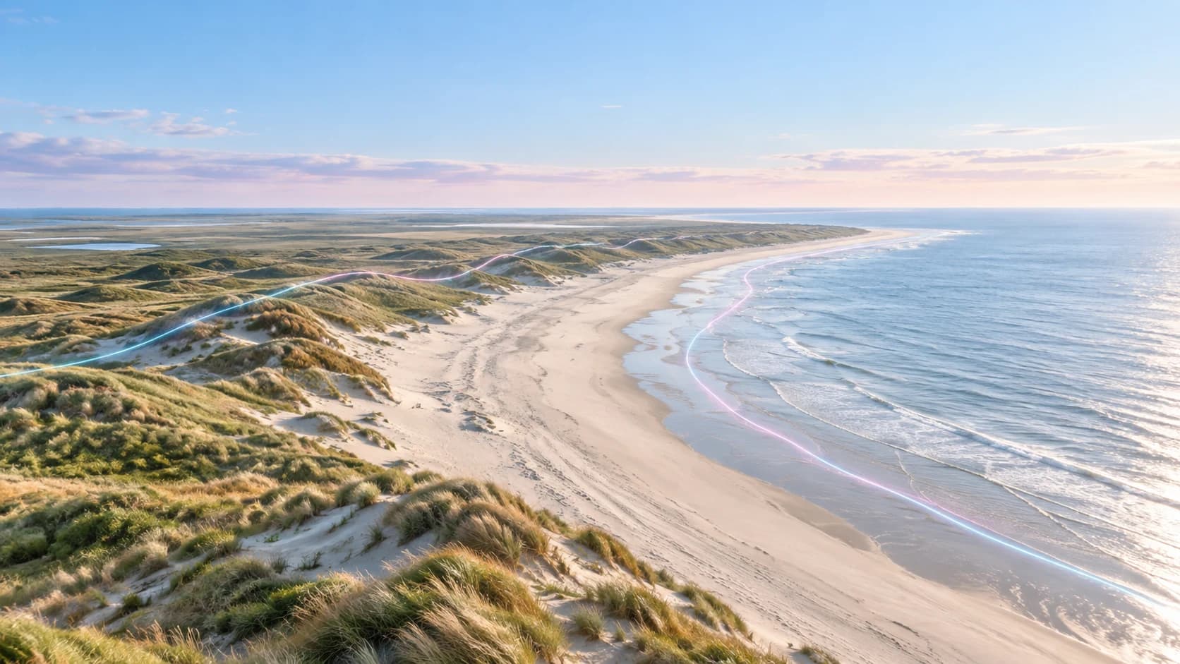 Borkum-inspirierte Dünenlandschaft in Blau und Rosé — KI-generiertes Bild